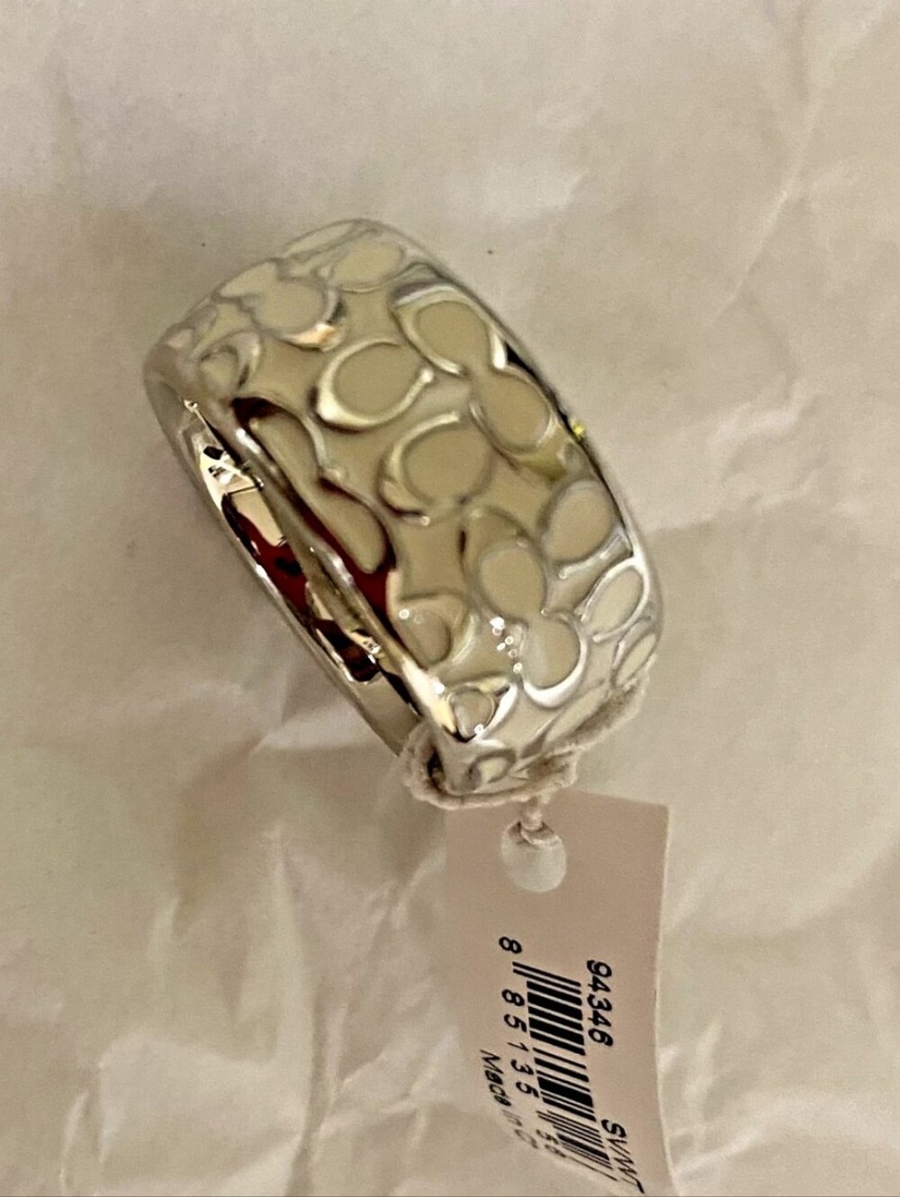 Coach Cream Enamel Signature Wide Band Ring with Silver Trim